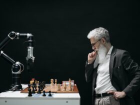 elderly man thinking while looking at a chessboard